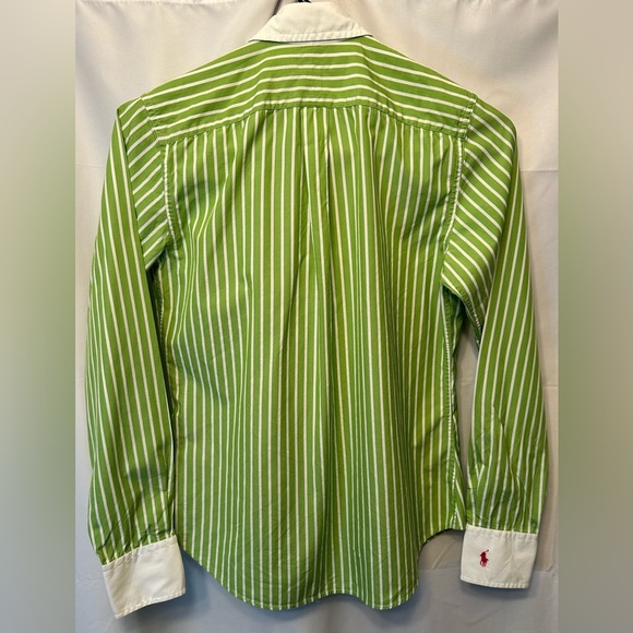 VTG Ralph Lauren Women’s Button Down Lime Green White Stripe Size 6 Pink Logo - Picture 6 of 9